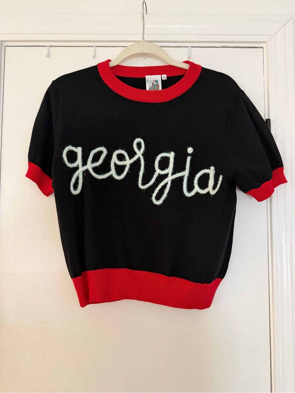 Queen of sparkles Black Short Sleeve Sweater with Red Trim and 'georgia'